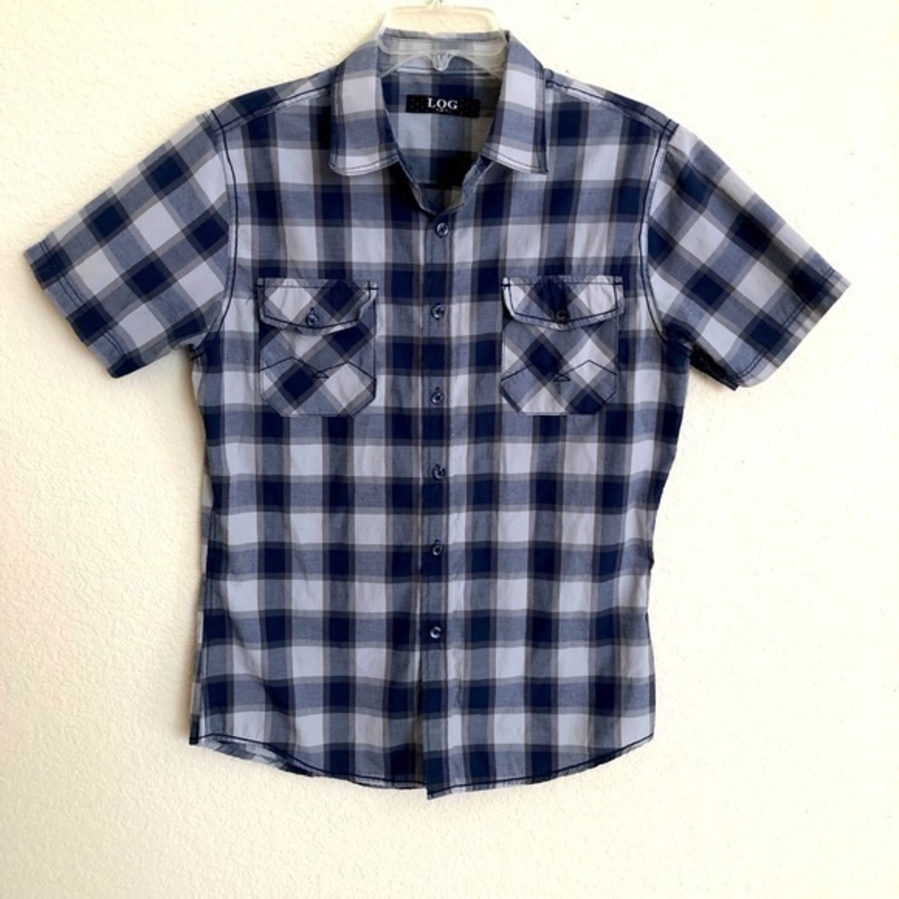 LOG Navy Gray Short Sleeve Checkered Plaid  Men's Casual Shirt Chest Pockets S